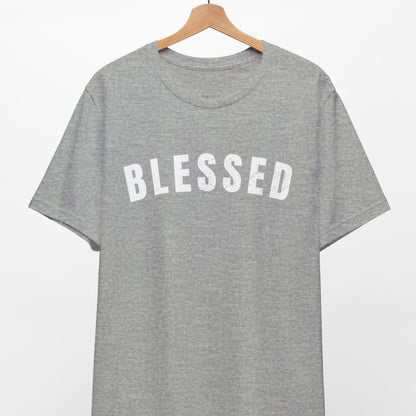 Gray t-shirt with 'BLESSED' text on a hanger against a white background