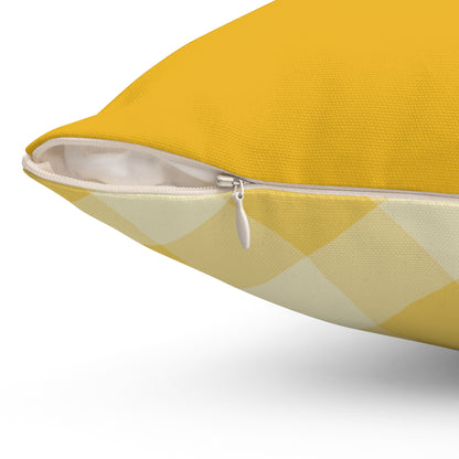 Close-up of yellow gingham pillow with white zipper, durable fabric design for farmhouse home decor.