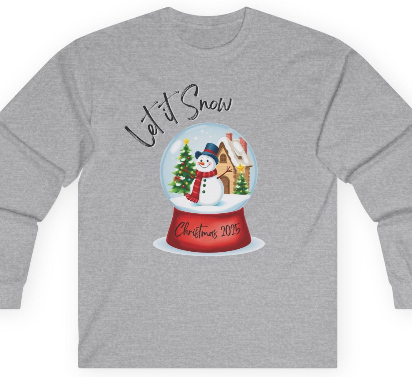 Gray long-sleeve shirt with a Christmas-themed snow globe design on a white background