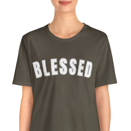 Person wearing a gray t-shirt with 'BLESSED' text on a white background