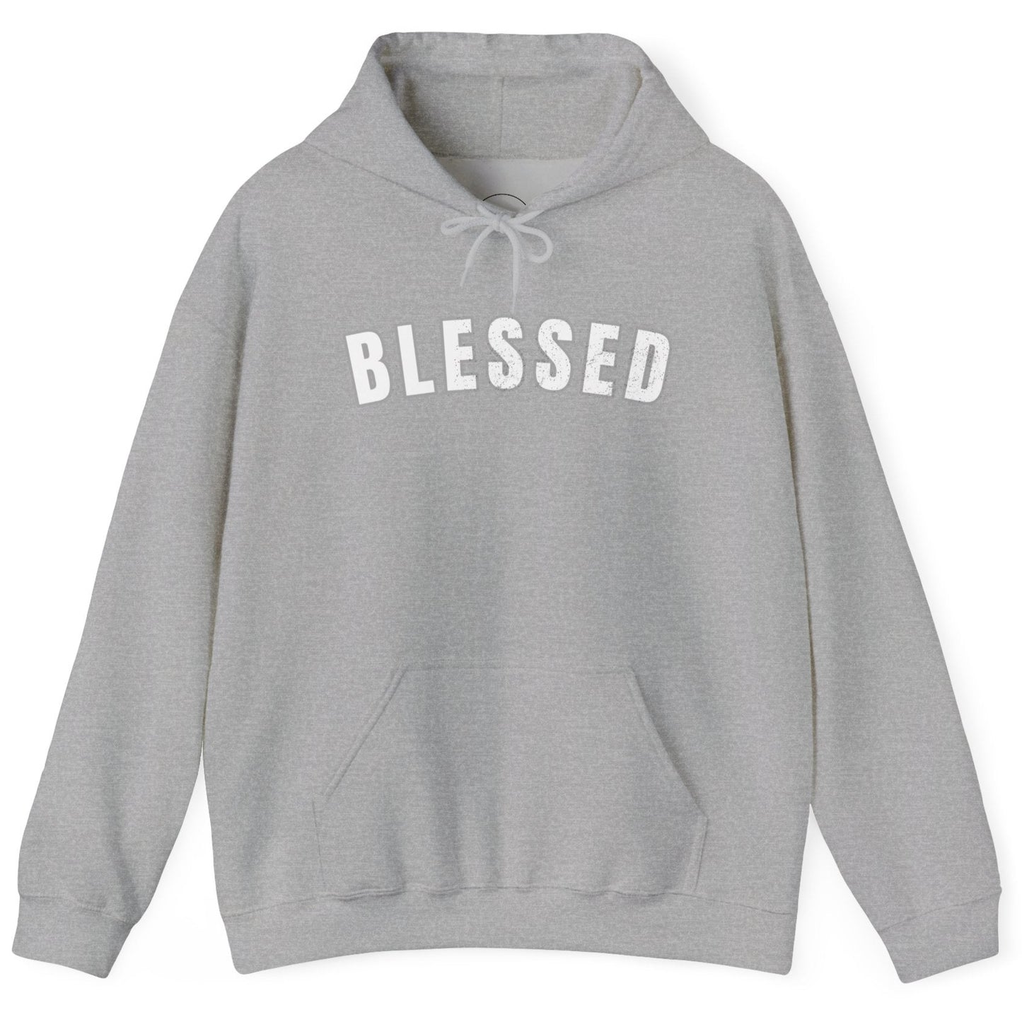Gray hoodie with 'BLESSED' text on a white background