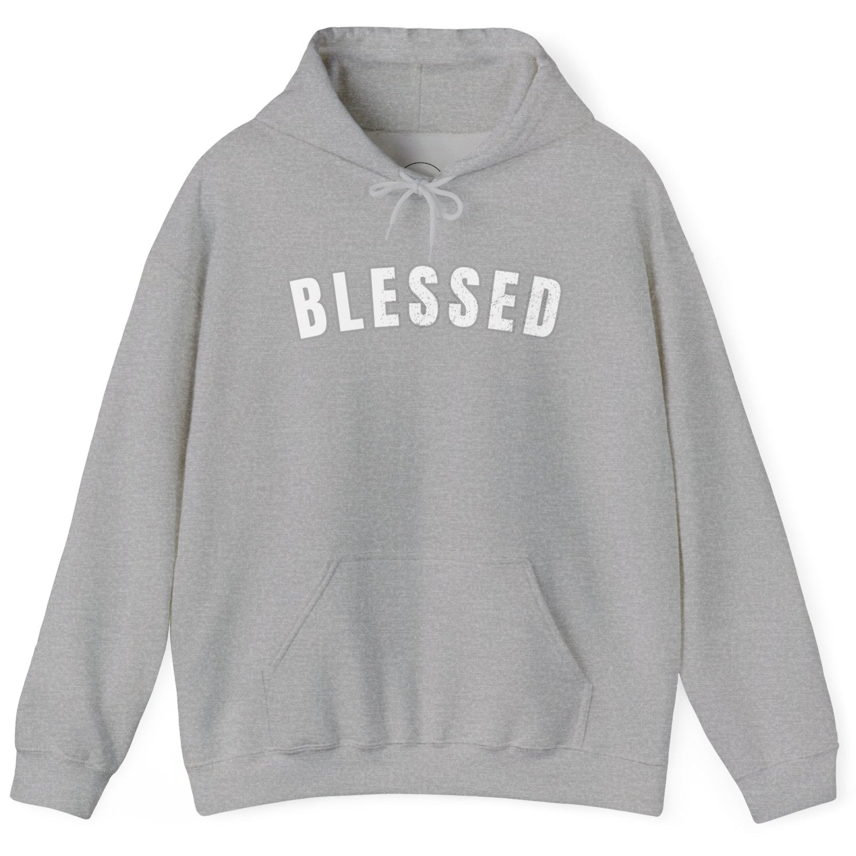 Gray hoodie with 'BLESSED' text on a white background