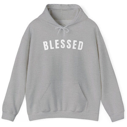 Gray hoodie with 'BLESSED' text on a white background
