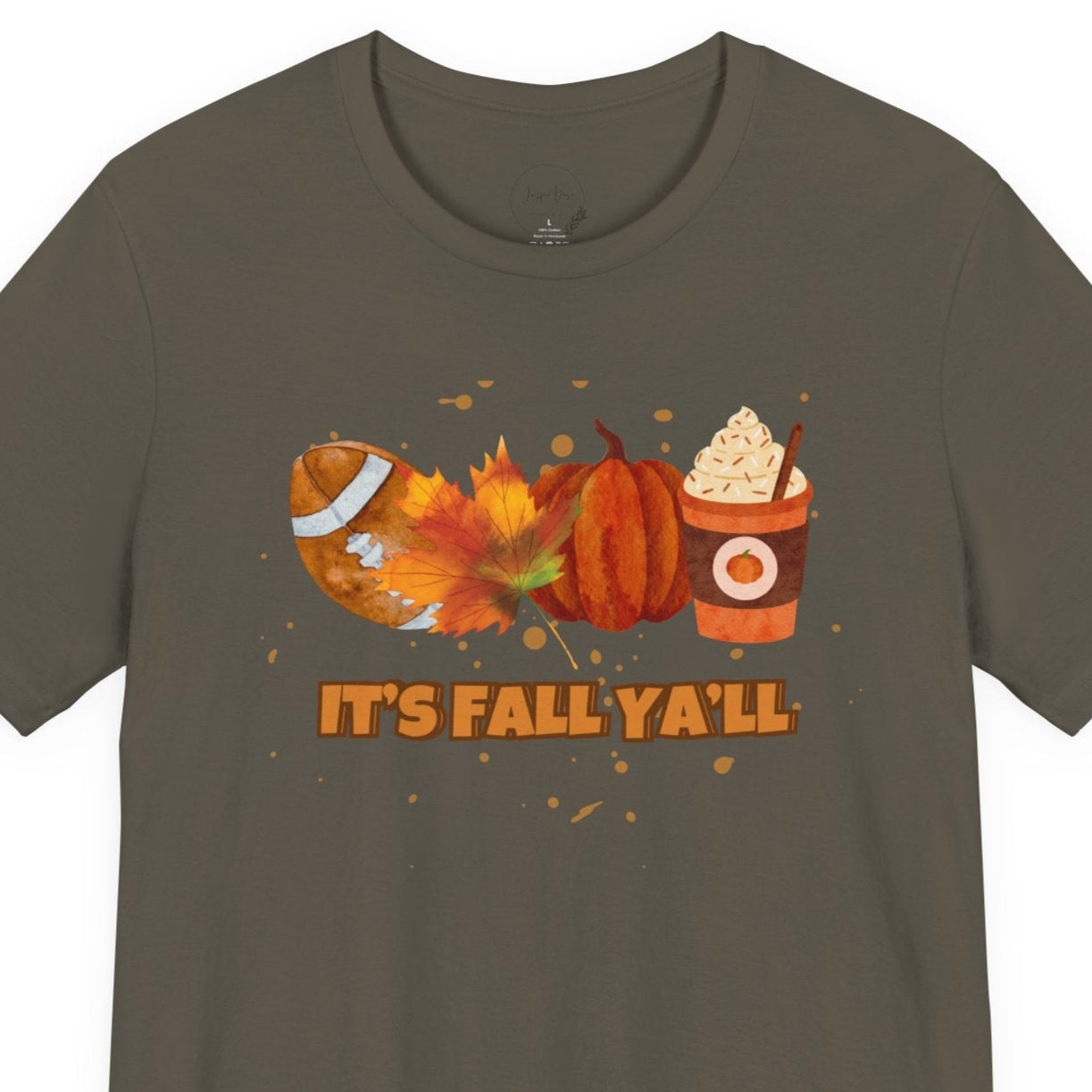 A gray t-shirt with autumn-themed design and 'It's Fall Y'all' text with a football, autumn leaf, a pumpkin & pumpkin spice latte graphics.