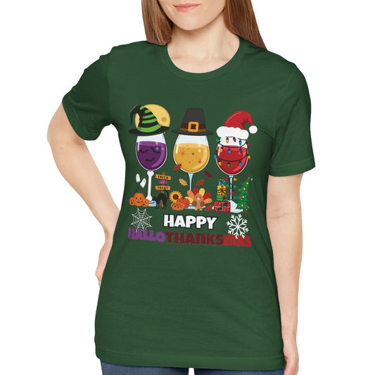 Person wearing a green t-shirt with festive designs and text Happy HallowThanksMas on a white background