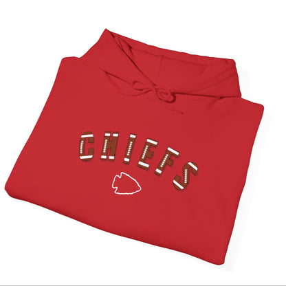 a red hoodie with 'CHIEFS' text, with football type font and an arrowhead under the word "CHIEFS" 