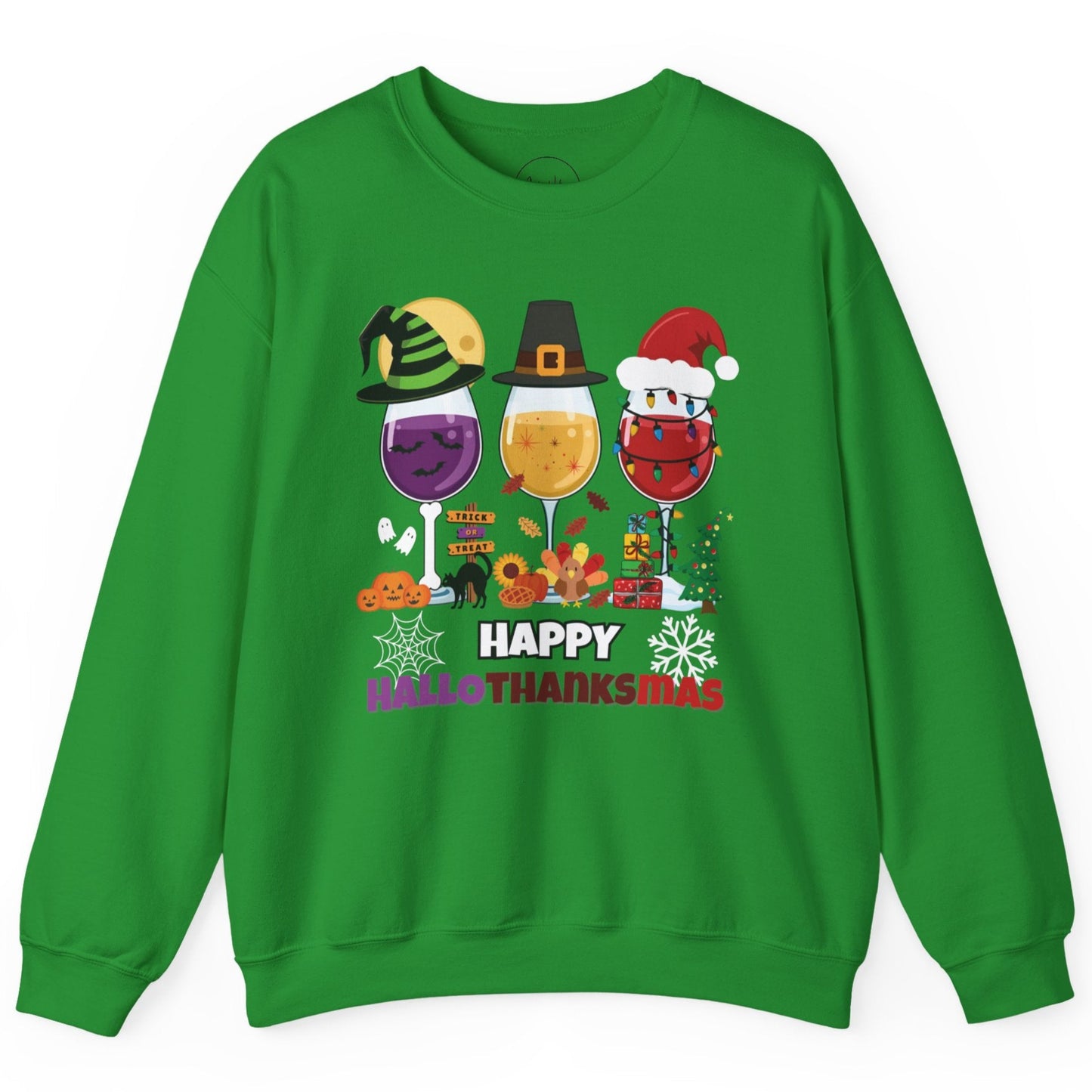Green sweatshirt with 'Happy All-Thanks-Mas' design featuring wine glasses and holiday elements on a white background.