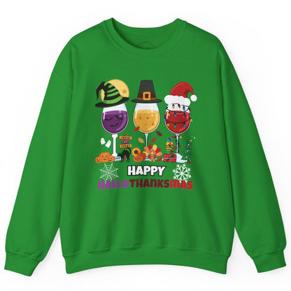 Green sweatshirt with 'Happy All-Thanks-Mas' design featuring wine glasses and holiday elements on a white background.