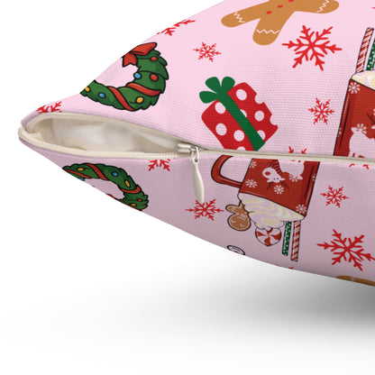 Christmas Decorative Pillow with Nutcracker and Gingerbread Design (PINK)