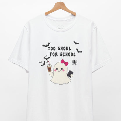 White t-shirt with ghost graphic and text 'Too Ghoul for School' on a white background