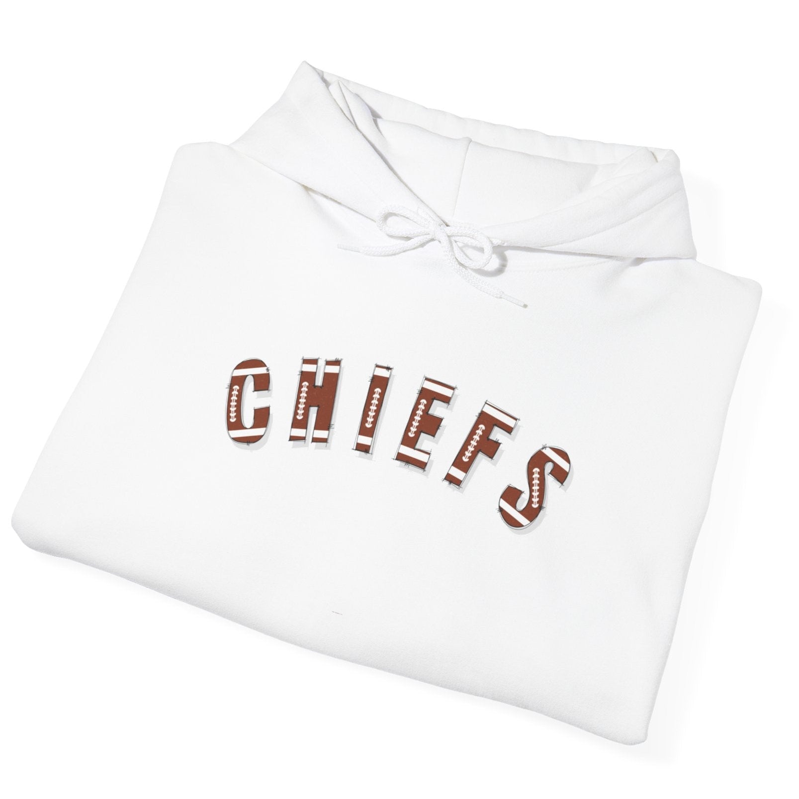 White hoodie with 'CHIEFS' text written with a football type font on a white background