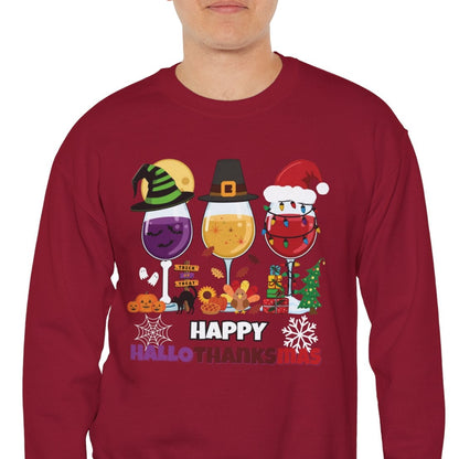 Man wearing a red Christmas-themed sweatshirt with festive designs on a white background
