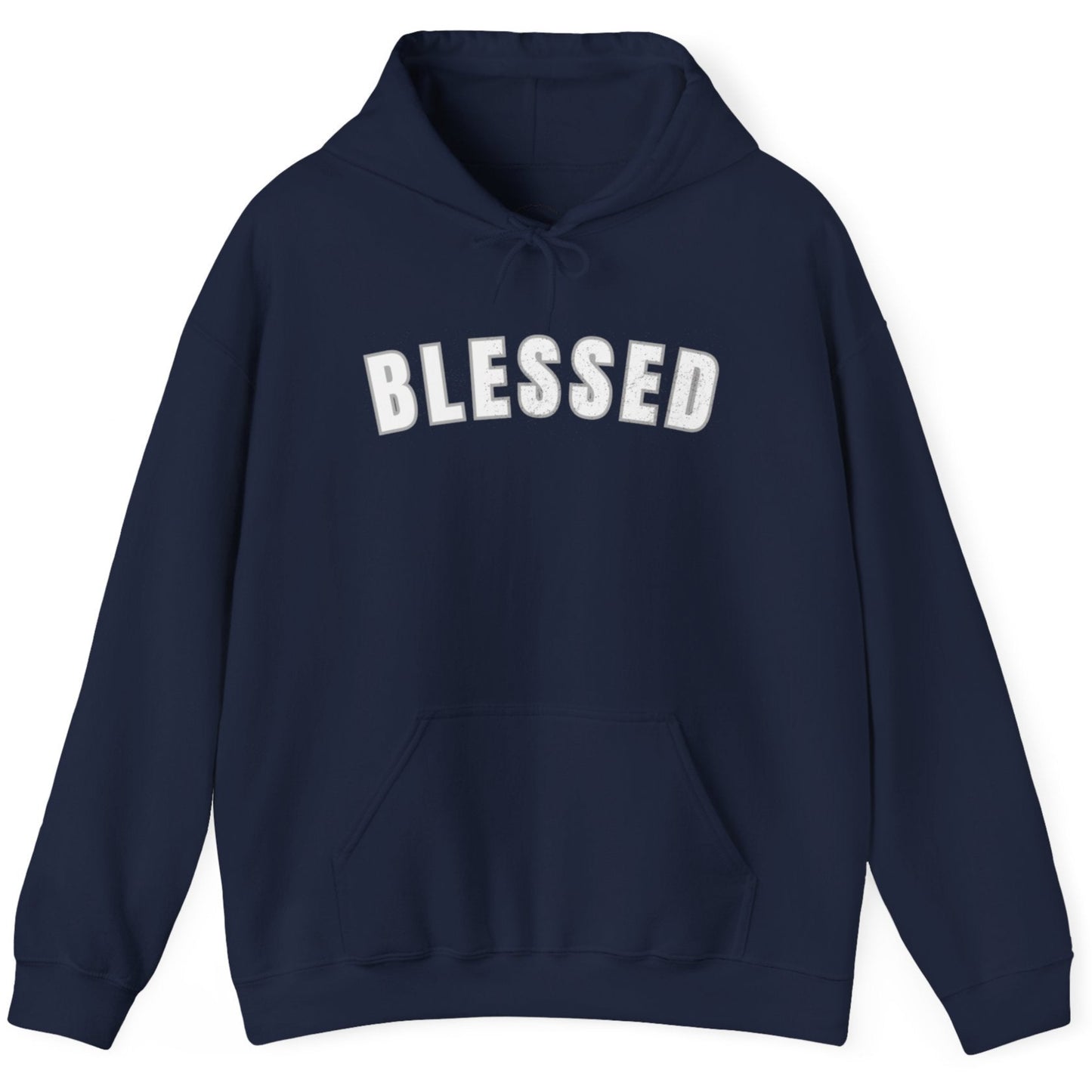 Navy blue hoodie with 'BLESSED' text on a white background