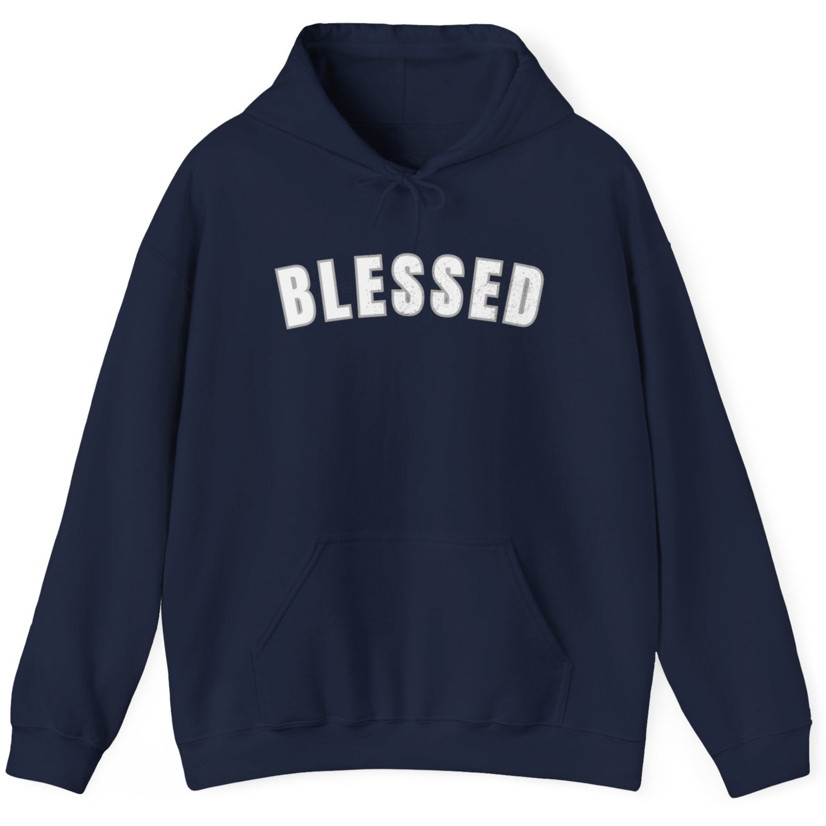 Navy blue hoodie with 'BLESSED' text on a white background