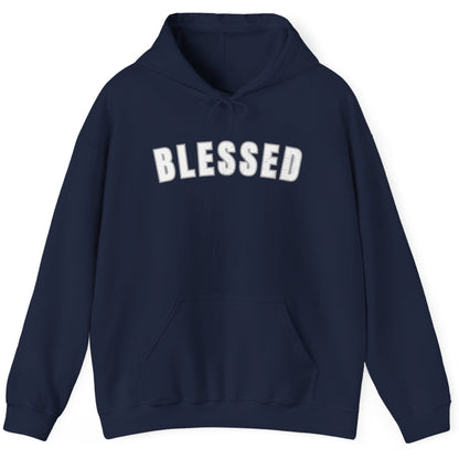 Navy blue hoodie with 'BLESSED' text on a white background