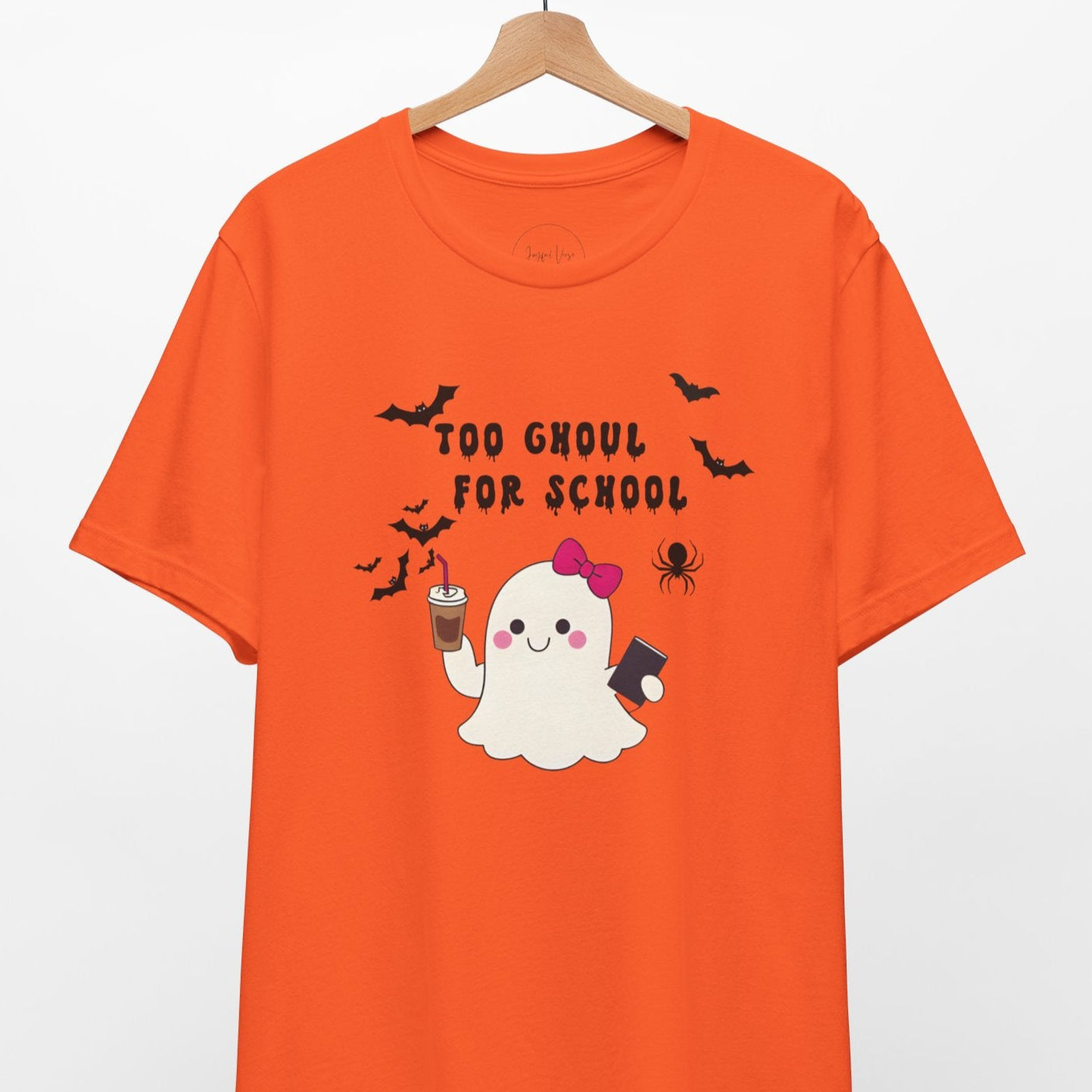 Orange t-shirt with Halloween-themed design featuring a ghost and text on a white background.