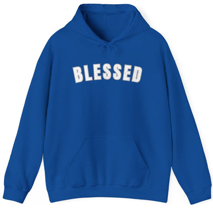 Blue hoodie with 'BLESSED' text on a white background