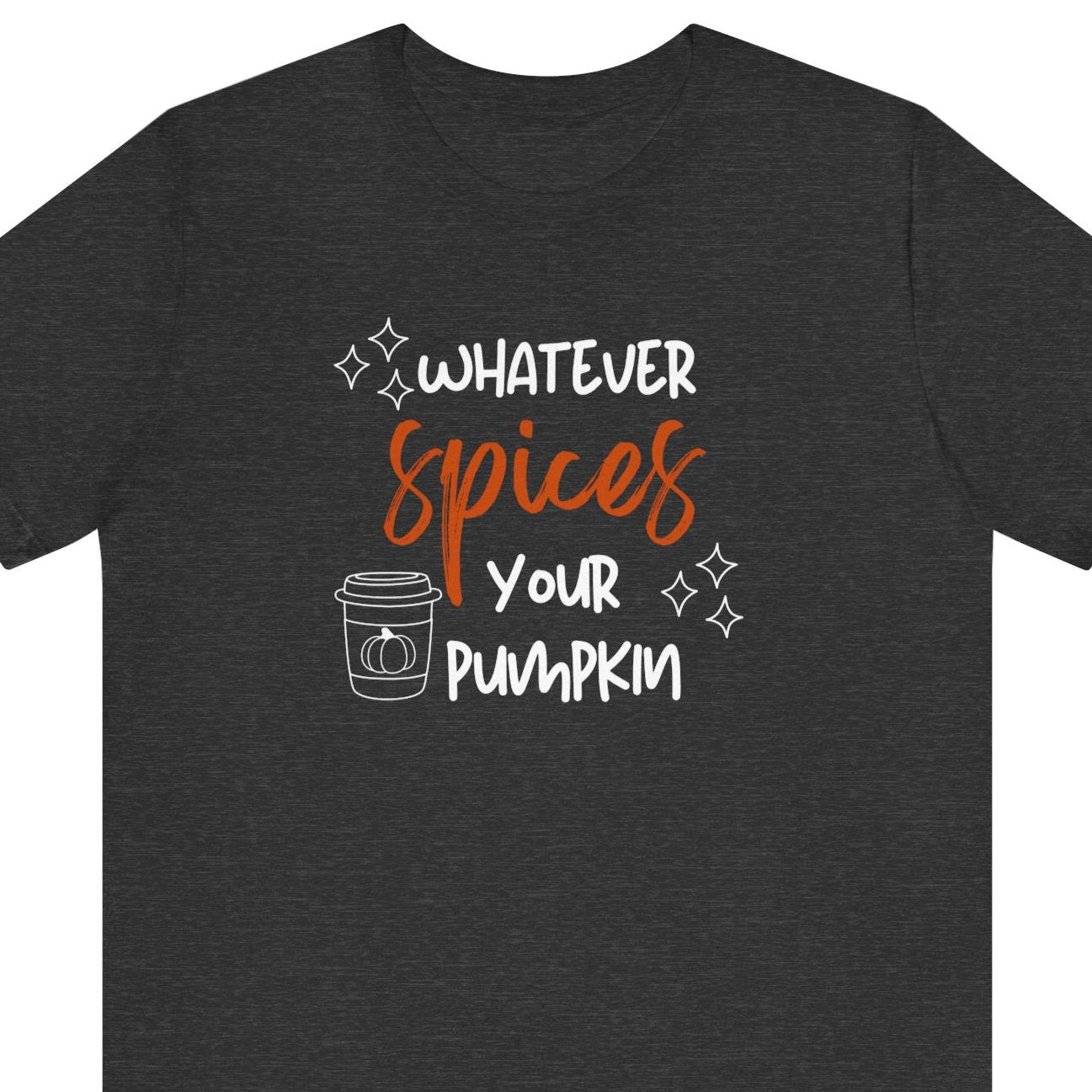 Black t-shirt with text 'Whatever spices your pumpkin' on a white background
