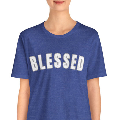 Person wearing a blue t-shirt with 'BLESSED' text on a white background