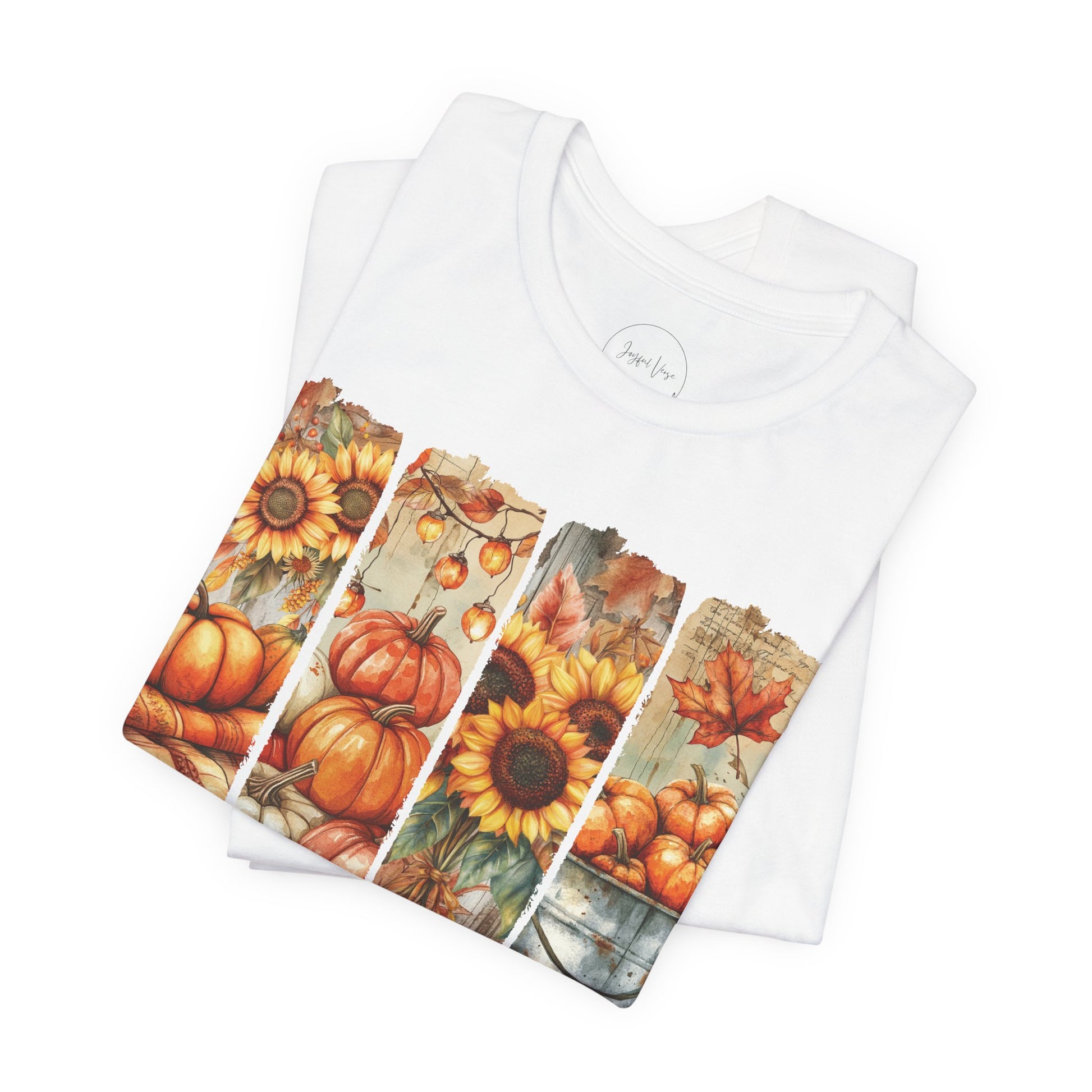 White t-shirt with autumn-themed design featuring pumpkins and sunflowers on a white background