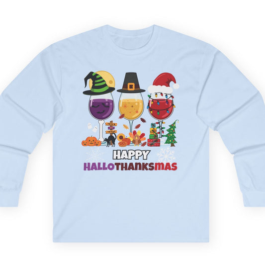 Light blue sweatshirt with 'Happy HalloThanksMas' design featuring wine glasses and holiday-themed graphics on a white background.