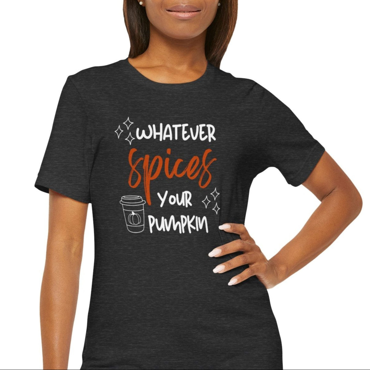 Woman wearing a black t-shirt with text design on a white background