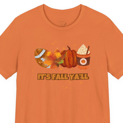 Orange t-shirt with autumn-themed graphics and 'It's Fall Y'all' text on a white background
