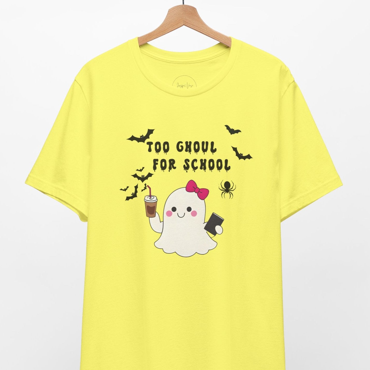 Yellow t-shirt with a ghost design and text on a white background
