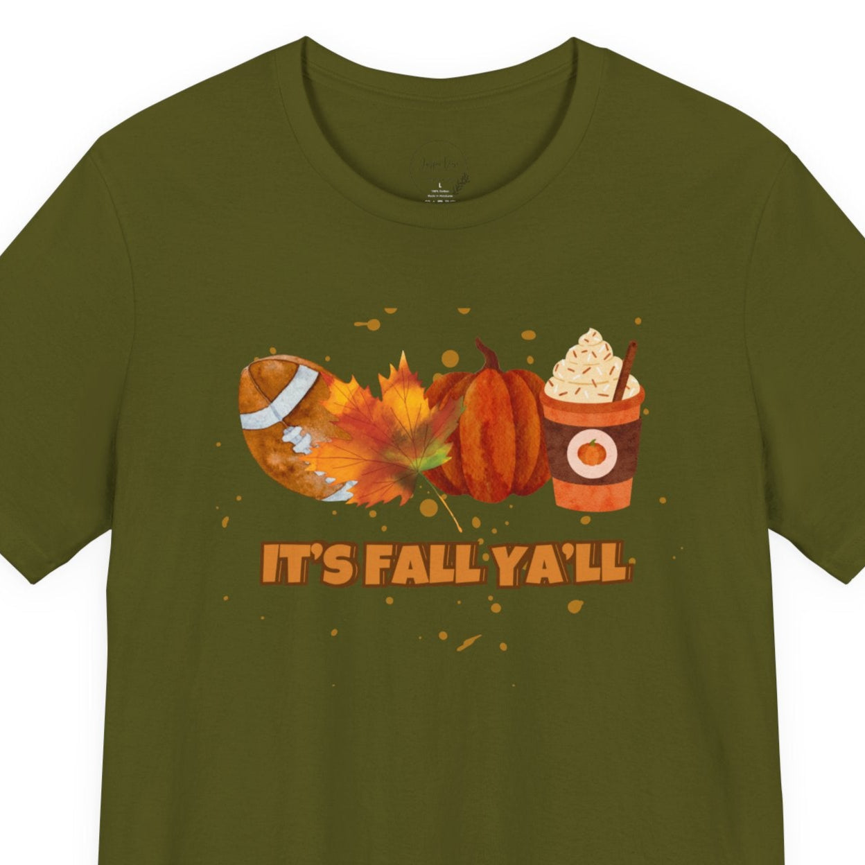 Green t-shirt with autumn-themed design and 'It's Fall Ya'll' text on a white background