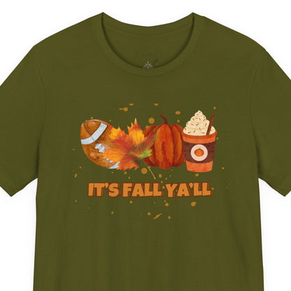 Green t-shirt with autumn-themed design and 'It's Fall Ya'll' text on a white background