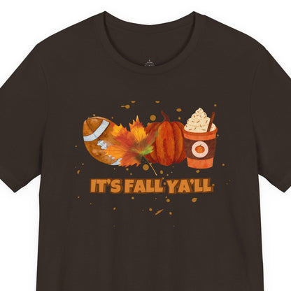 Brown t-shirt with autumn-themed graphics and 'It's Fall Ya'll' text on a white background