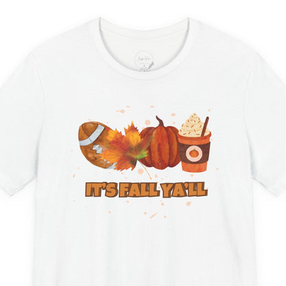 White t-shirt with autumn-themed graphics and text on a white background