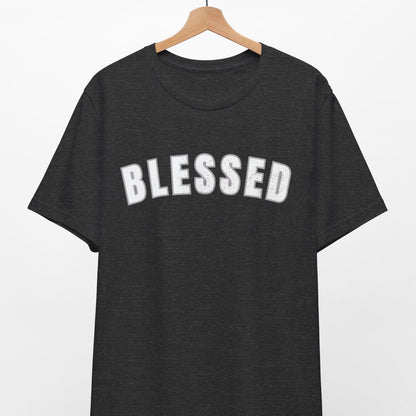 Black t-shirt with 'BLESSED' text on a hanger against a white background