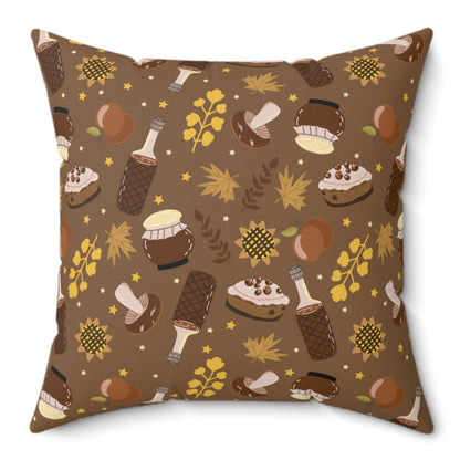 Brown pillow with fall-themed pattern featuring bottles, pies, mushrooms, and leaves for autumn home accents.