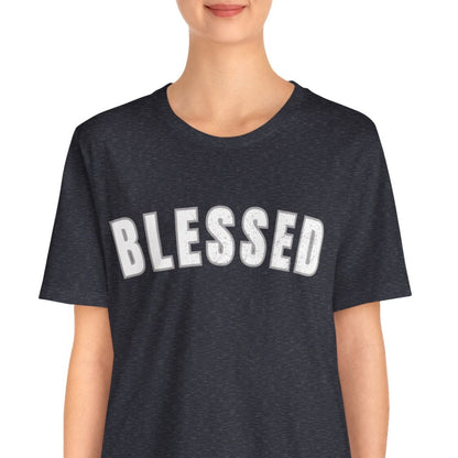 Person wearing a navy blue t-shirt with 'BLESSED' text on a white background