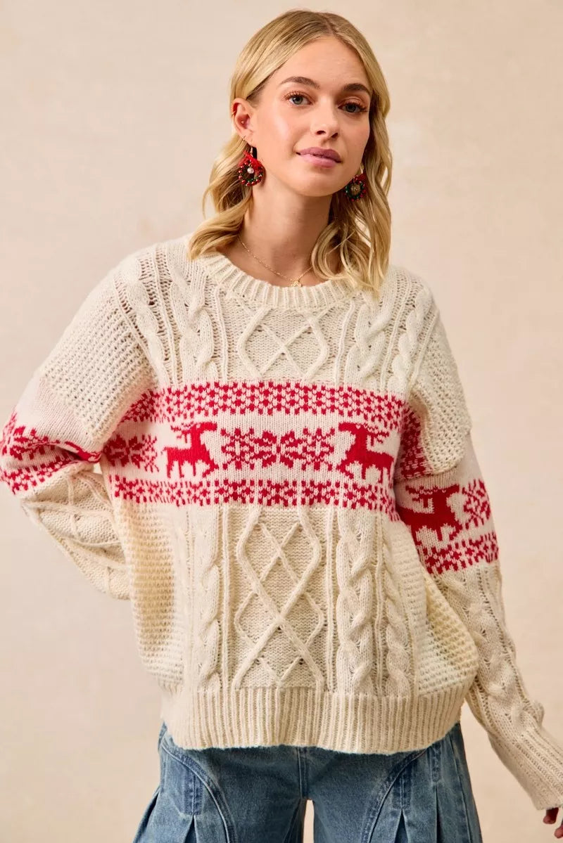 Christmas-themed cable knit sweater with festive red and white holiday pattern on a model.